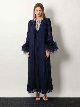 Self Portrait Womens Chiffon Long Dress With Ostrich Feathers Blue Polyester