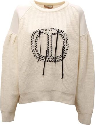 Twinset Geborduurde wolmix trui - Dames - Ronde hals truien - Wit - S - Wol - Truien & Vesten