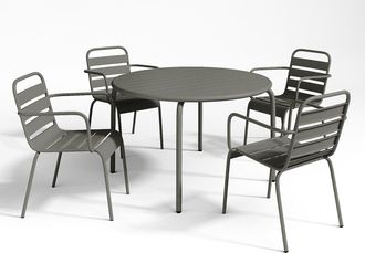 Vente-Unique Comedor de jard&iacute;n de metal - Mesa D.110 cm y 4 sillones apilables - Gris antracita - MIRMANDE