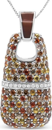 House of Brilliance 925 Sterling Silver Brown Enamel 1 Cttw White and Brown Diamonds and 1.5mm Yellow and Orange Sapphire Gemstones Statement 18 Pendant Necklace