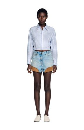 Sandro Riveted denim and suede shorts in Light Bu Jean at Nordstrom, Size 34 Eu