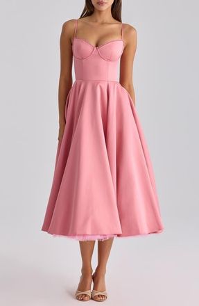 House of CB Mademoiselle Bustier Stretch Satin Midi Dress in Raspberry at Nordstrom, Size X-Large