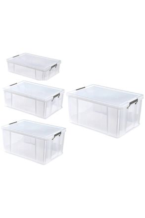 Whitefurze Set of 4 Allstore Storage Box with Lid & Silver Clamps in Clear