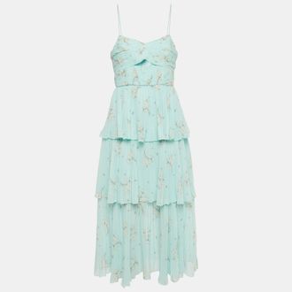 Self Portrait Blue Floral Print Chiffon Tiered Midi Dress