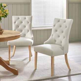 Furniturebox 2x Belgravia Beige Fabric Dining Chairs With Oak Effect Legs