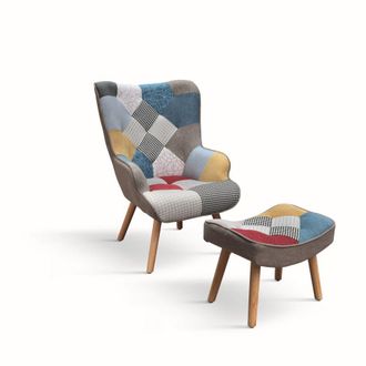 Konte Design Sill&oacute;n de tela patchwork multicolor, patas de madera, con reposapi&eacute;s