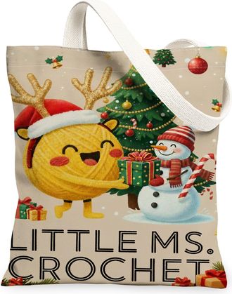 Generic Christmas Cartoon Canvas Tote Bags, Cute Animal Pattern Reusable Grocery Bags, Winter Fun Lightweight Washable Shoulder Str, Beige, 13x15 Inch