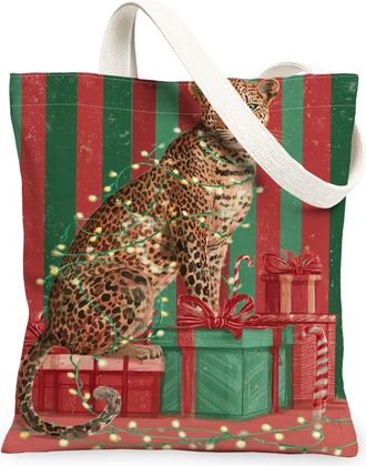 Generic Christmas Leopard Canvas Tote Bags, Festive Animal Print Reusable Grocery Bags, Holiday Retro Lightweight Washable Shoulder, Red, 13x15 Inch