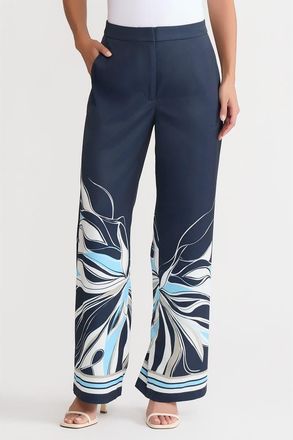 Ming Wang Crepe de Chine Wide-Leg Floral Abstract Pants in Indigo/white/serene at Nordstrom, Size Xx-Small