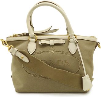 Prada Beige Ivory Canvas Leather Handbag Shoulder Bag Tote Bag (Pre-Owned)