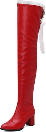 Generic Red,5.5 UK,Womens Tall Over The Knee Boots Pointed Toe Thigh High Fall Block Chunky Heeled Long Boot Side Zipper Leather PU Dress Shoes with Lace