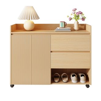 STILVORA Mueble Zapatero Con 2 Puertas, 2 Cajones Y Huecos Abiertos, Con Ruedas Con Freno, De Mdf, 110&times;35&times;86 Cm, Natural