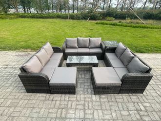 Fimous Rattan Garden Furniture Set 11 Seater Indoor Outdoor Patio Sofa Set with Coffee Table 2 Big Footstool Side Tables Dark Grey Mixed