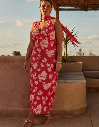 Live Unlimited London Womens Coral Floral Print Sleeveless Midi Dress With Neck Scarf - Pink/Orange/Red - Size: 18