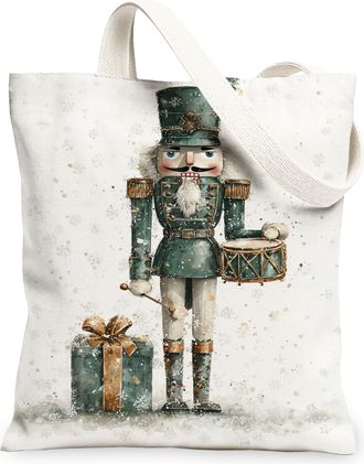 Generic Christmas Nutcracker Canvas Tote Bags, Vintage Holiday Design Reusable Grocery Bags, Lightweight Washable Shoulder Strap to, White, 13x15 Inch