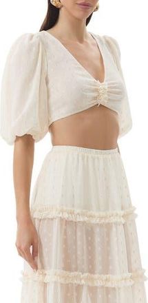 AFRM Emily Clip Dot Cutout Puff Sleeve Crop Top in Gardenia at Nordstrom Rack, Size Small