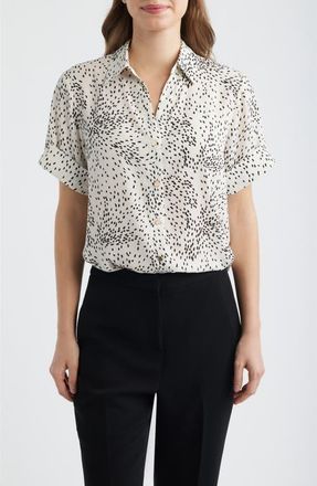 Anne Klein Fleck Print Short Sleeve Button-Up Shirt in White Dove/Anneblack at Nordstrom, Size X-Large P