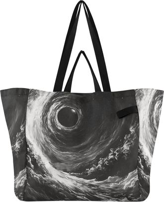 Generic Space Black Hole pattern Reusable Canvas Tote Bag, Heavy Duty Grocery Shopping Bag with Double Handles Hard Bottom Large Capacity Work Groceries Trave