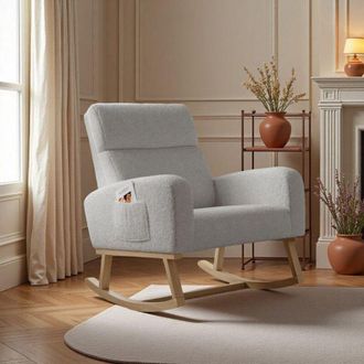 OEM Sill&oacute;n Mecedor - Peluche Gris Claro - Confort Amplio 50cm - Madera Natural - Bolsillos Integrados