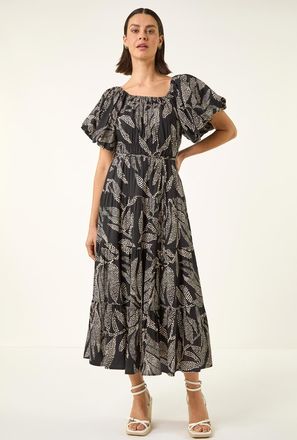 Roman Dotted Leaf Print Midi Dress