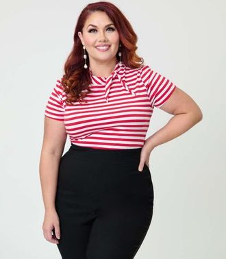 Unique Vintage Plus Size Short Sleeve Tie Neck Sweetie Knit Top in White & Red Stripe at Nordstrom, Size 2X