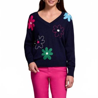 Tribal Night Fall V Neck Sweater In Blue Floral