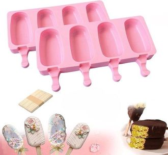 OEM Juego De 2 Moldes Para Polos De Hielo, Moldes De Silicona De 4 Cavidades, Molde Ovalado Polos Hielo 50 Palitos Madera Hacer Polos Caseros, Rosa