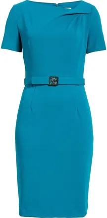 Anne Klein Asymmetric Neck Scuba Crepe Sheath Dress in Teal at Nordstrom, Size 14