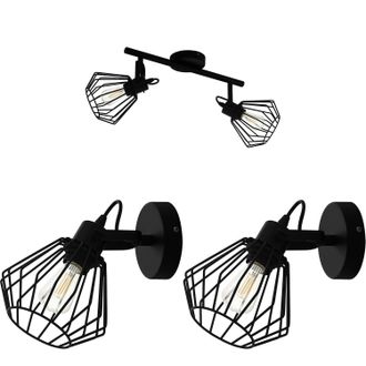 Loops Twin Ceiling Spot Light & 2x Matching Wall Lights Black Geometric Cage Head