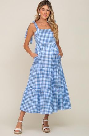 Pinkblush Checkered Sleeveless Tiered Maxi Dress in Blue at Nordstrom, Size Medium