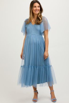 Pinkblush Dotted Tulle Smocked Maternity Midi Dress in Blue at Nordstrom, Size Medium