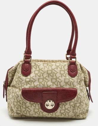 DKNY Dkny Red/beige Monogram Canvas And Leather Turnlock Pocket Satchel