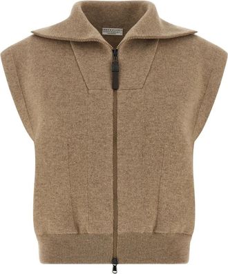 Brunello Cucinelli Vest met ritssluiting - Dames - Cashmere truien - Beige - S - Leer - Truien & Vesten