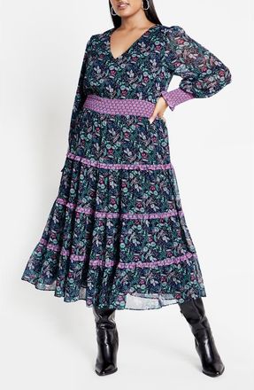 City Chic Ailani Floral Tiered Midi Dress in Purple Floral at Nordstrom, Size Xxl