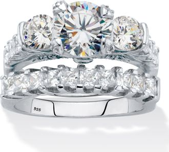 Palm Beach Jewelry 4.69 TCW Round and Princess-Cut CZ Platinum Over Silver 2 Piece Bridal Ring Set
