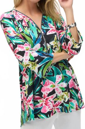 Joseph Ribkoff Bold Print Silky Knit Flared Sleeve Tunic Top In Black/multi