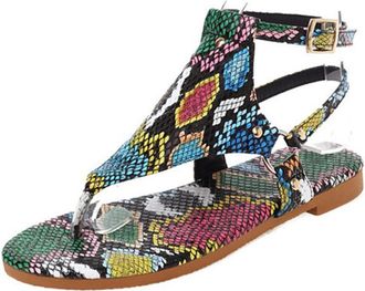 Generic Qynthra Womens Animal Print Thong Sandals Flat T-Strap Open Toe Roman Gladiator Shoes Fashion Summer Beach Flip Flops Faux Leather Casual Style,Snake,