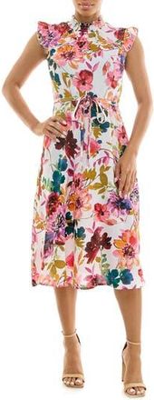 Nina Leonard Smocked Neck Tie Waist Midi Dress in Ivory Multi at Nordstrom Rack, Size Medium