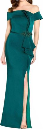 Cameron Blake Fold-Over Detailed Off-Shoulder Evening Gown In Emerald