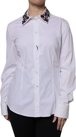 Dolce & Gabbana White Embellished Collared Dress Shirt Womens Top (Pre-Owned)