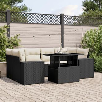 vidaXL Set De Sof&aacute;s De Jard&iacute;n 7 Pzas Con Cojines Rat&aacute;n Sint&eacute;tico Negro Vidaxl