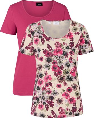 Bonprix T-Shirt BONPRIX, Damen, Gr. 52/54 (XXL), beerenrot uni, kieselbeige gebl&uuml;mt, beerenrot uni, kieselbeige gebl&uuml;mt, Obermaterial: 95% Baumwolle, 5% Elast