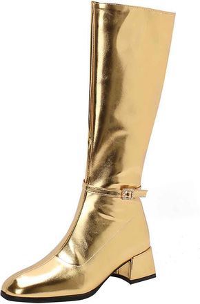 Generic Womens Knee-High Boots Wide Calf Block Heel Pointed Toe Shiny PU Leather with Side Zipper & Buckle Comfortable Western Casual Gold Metallic Mid Calf B