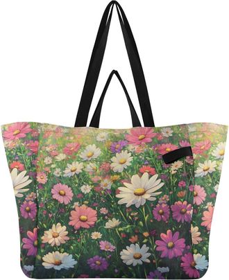 Generic Flower Pink White print Reusable Canvas Tote Bag, Heavy Duty Grocery Shopping Bag with Hard Bottom Double Handles Large Capacity Work Groceries Travel