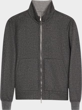 Brunello Cucinelli Mens Reversible Cashmere Plaid Full-Zip Bomber Jacket