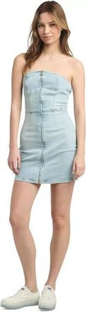 Tommy Jeans Dress Womens Blue Denim Zip-Front Strapless Bodycon FTS1246