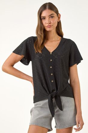 Roman V-Neck Broderie Stretch Tie Front Top
