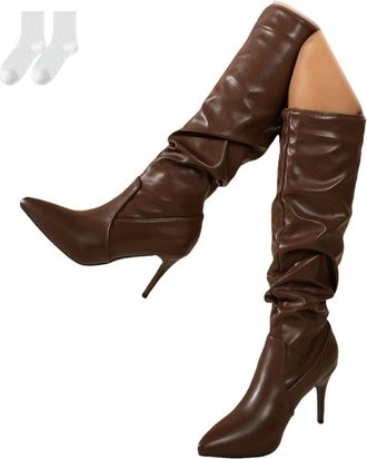 Generic Womens Knee-High Boots with Stiletto Heels, Elegant Slouch Boots with Pointed Toe in A Leather Look, Fashion High-Heeled Tall Boots for Everyday Wear,