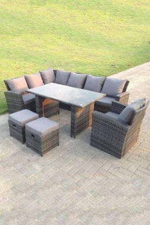 Fimous 9 Seater High Back Rattan Set Corner Sofa With Black Tempered Dining Table 2 Stools With Arm Chair in Dark Grey