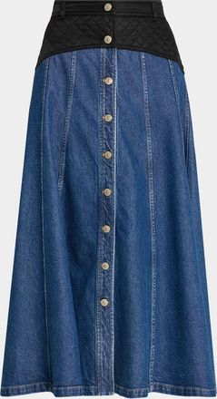 Cinq &agrave; Sept Quentin Mixed-Media Denim Midi Skirt